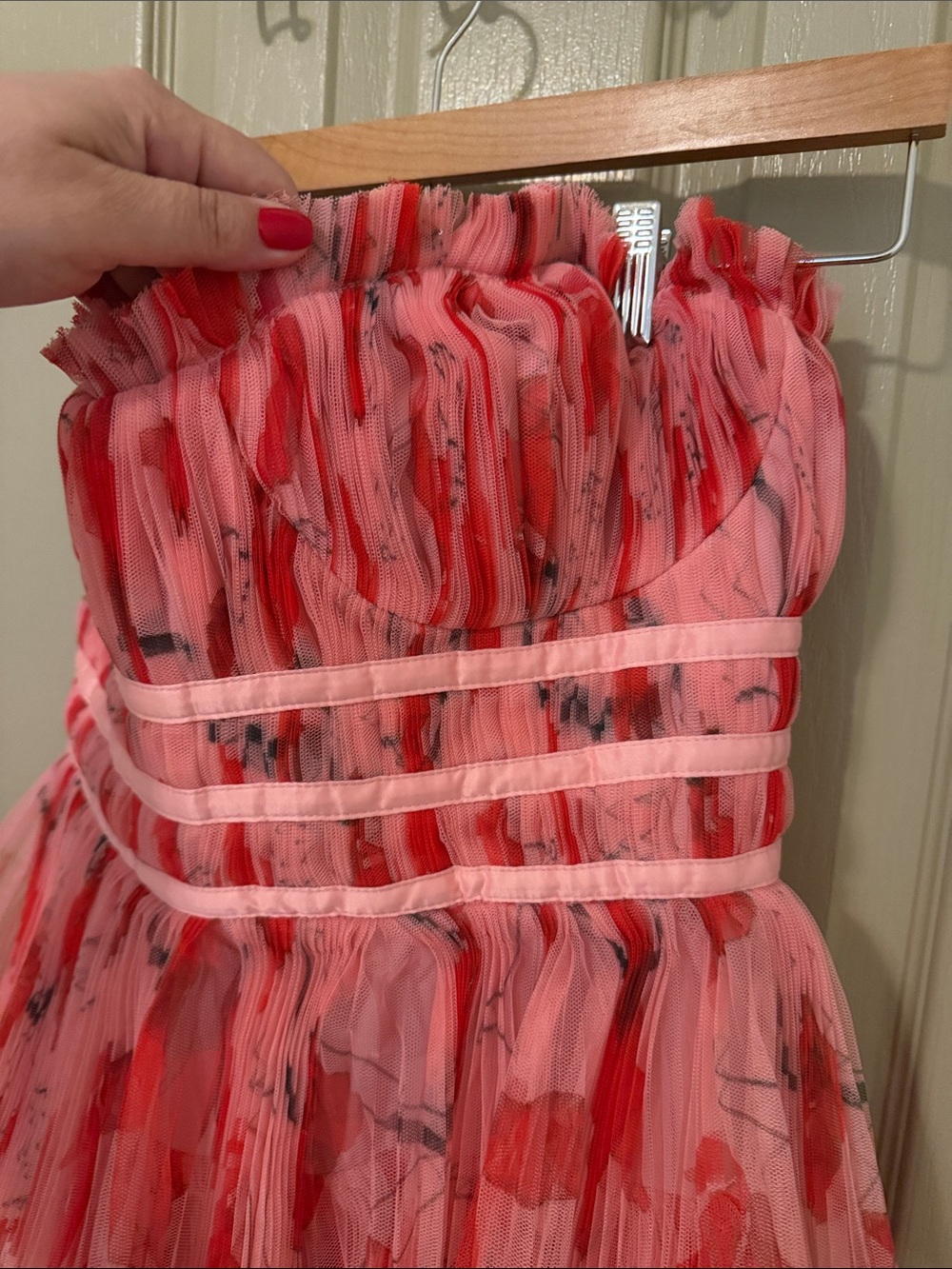 Hutch Monaco Strapless Pink & Red Tiered Ruffle Maxi Dress 14 - Picture 4 of 7